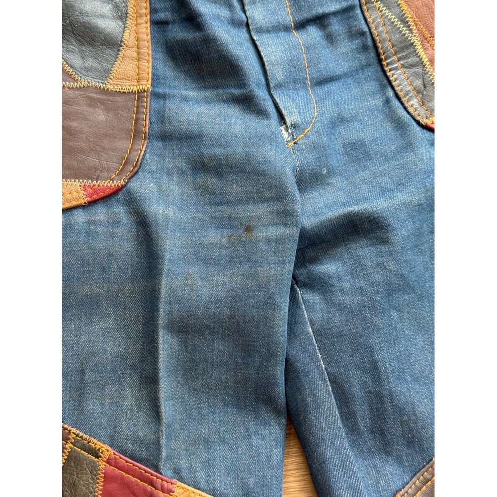 Vintage 70s Aura Rosemary Denim Leather Patchwork Vest & Flare Jeans Set L 32 - Picture 14 of 15